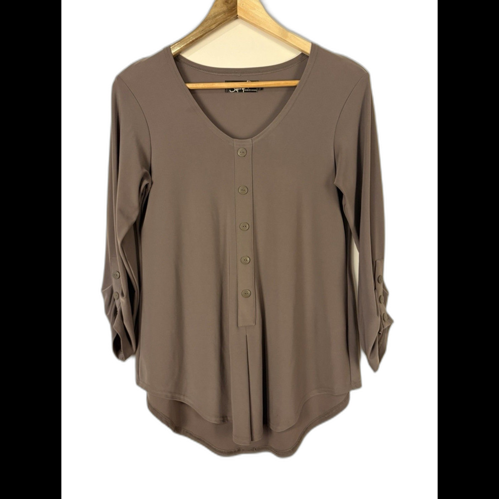 Sympli Gray Scoop Neck Tunic Top 3/4 Sleeve Button Size 8 Classic Minimalist